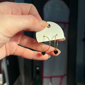 Gold Hoop Earrings with Black Heart Dangles - Women Jewelry